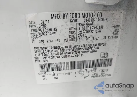 2011 Ford Edge Sport из США, поврежденный, VIN 2FMDK3AK0BBA74612